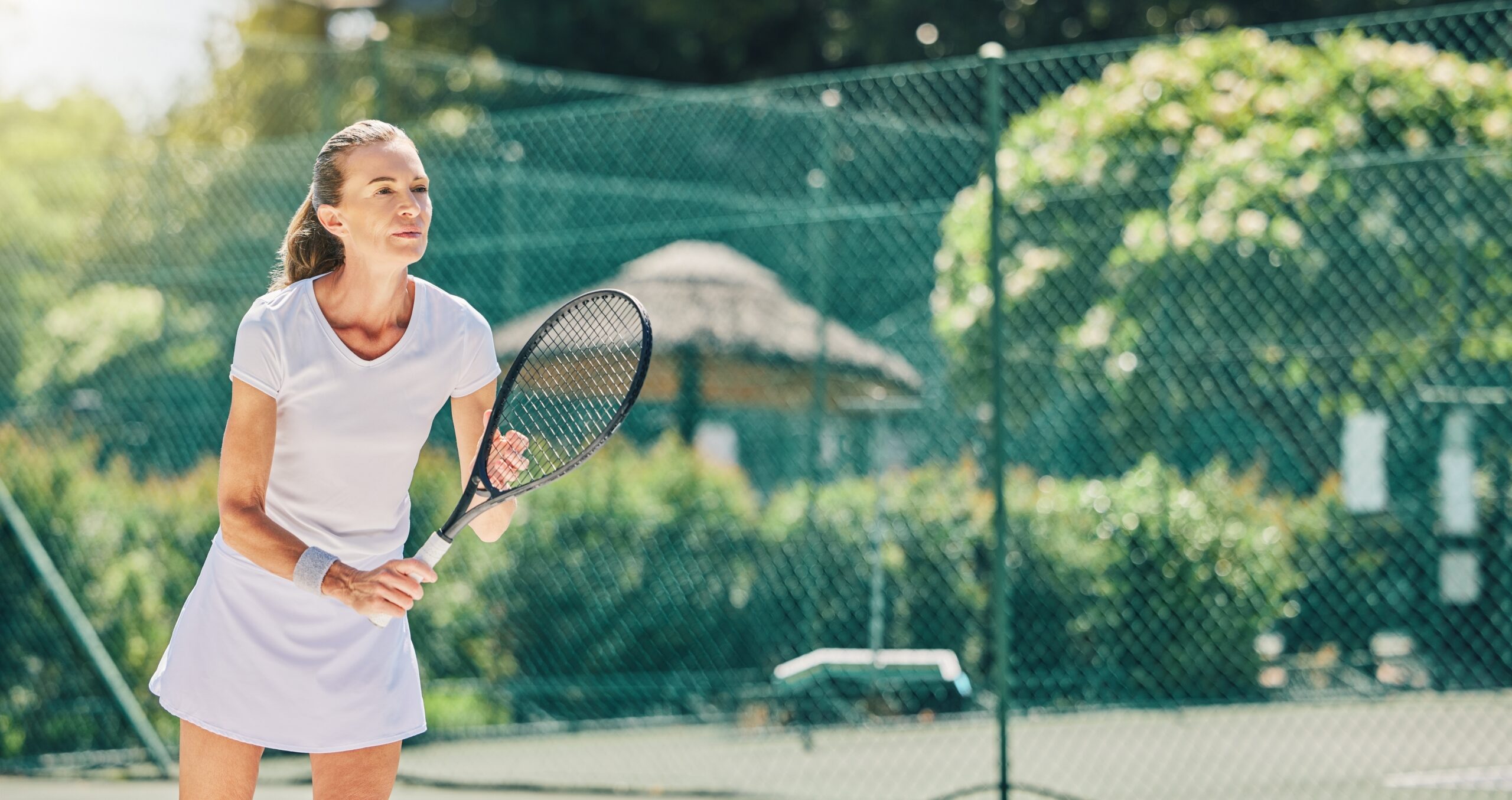 Senior,Woman,,Tennis,Player,And,Ready,In,Sports,Game,For